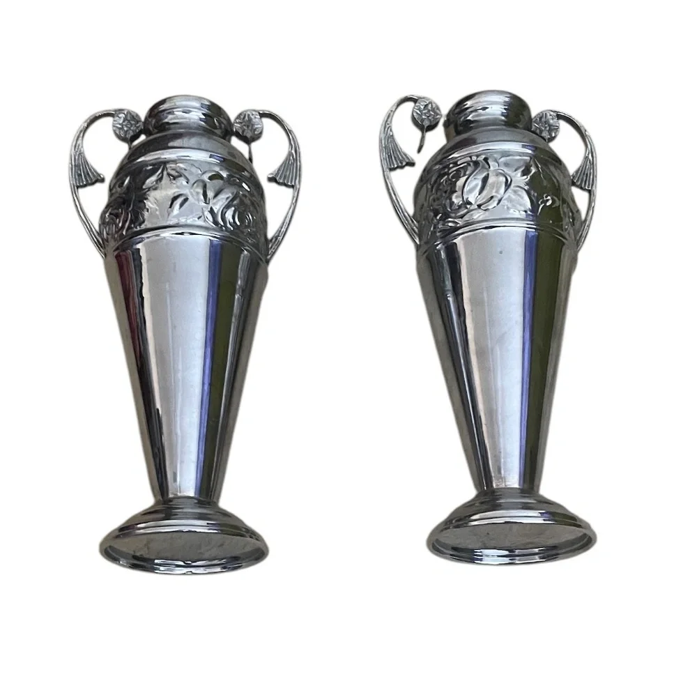 Pair Of  Silver Plated Urn Vase Embossed Relief Ornate Pattern Band And‎ Handles